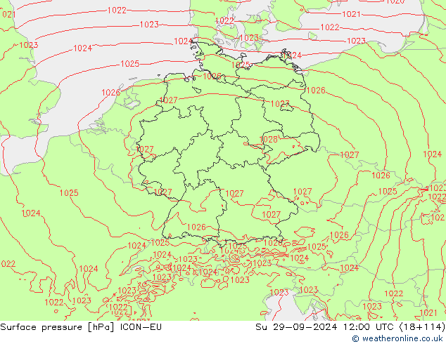 pressão do solo ICON-EU Dom 29.09.2024 12 UTC