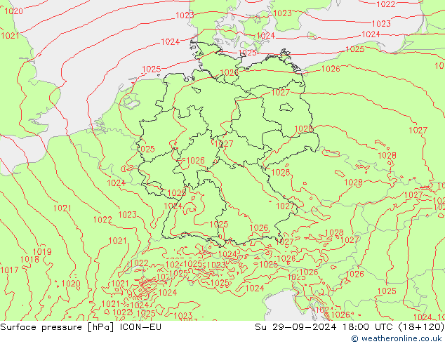 Surface pressure ICON-EU Su 29.09.2024 18 UTC