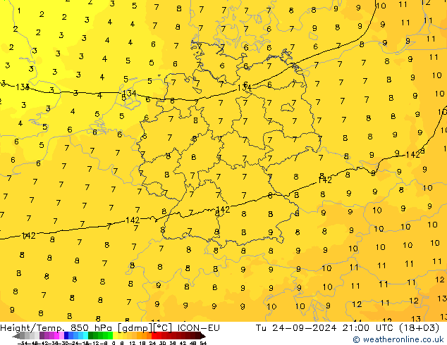 Height/Temp. 850 hPa ICON-EU Tu 24.09.2024 21 UTC