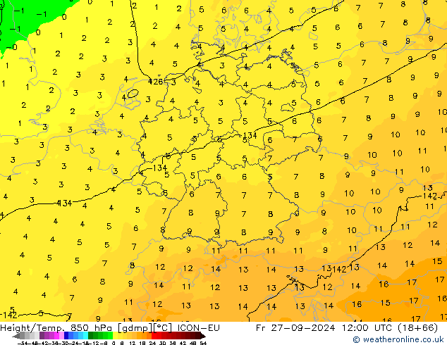 Height/Temp. 850 hPa ICON-EU Fr 27.09.2024 12 UTC