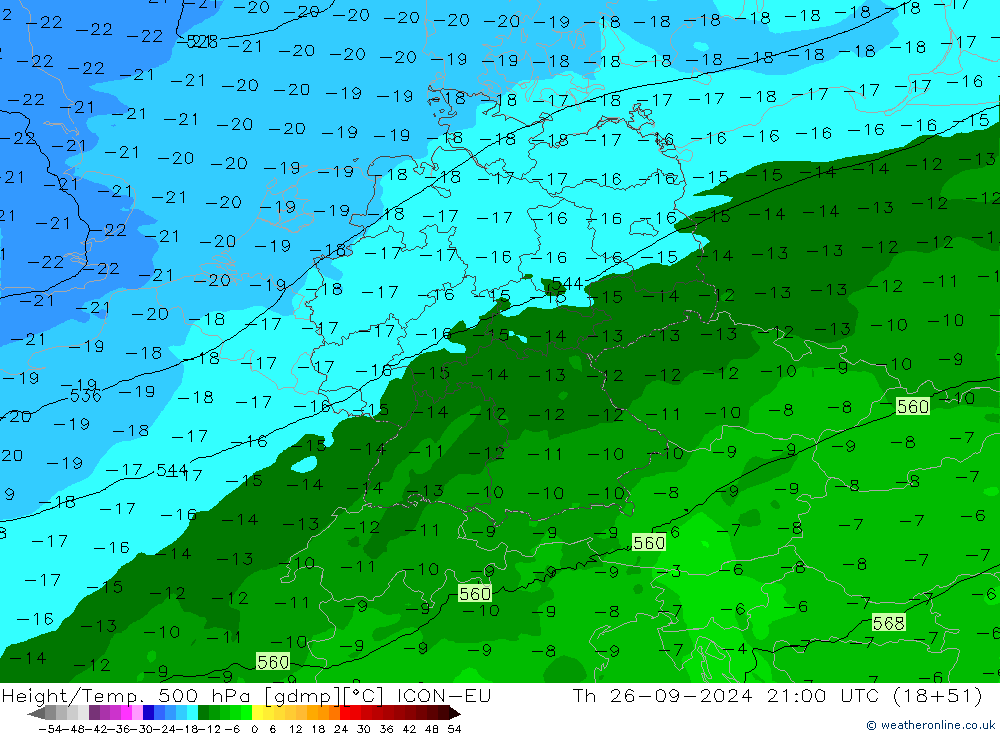 Height/Temp. 500 hPa ICON-EU Th 26.09.2024 21 UTC