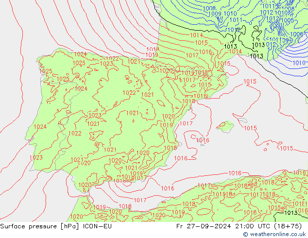 Surface pressure ICON-EU Fr 27.09.2024 21 UTC