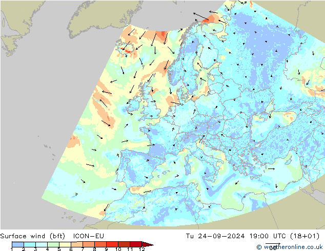 Surface wind (bft) ICON-EU Tu 24.09.2024 19 UTC