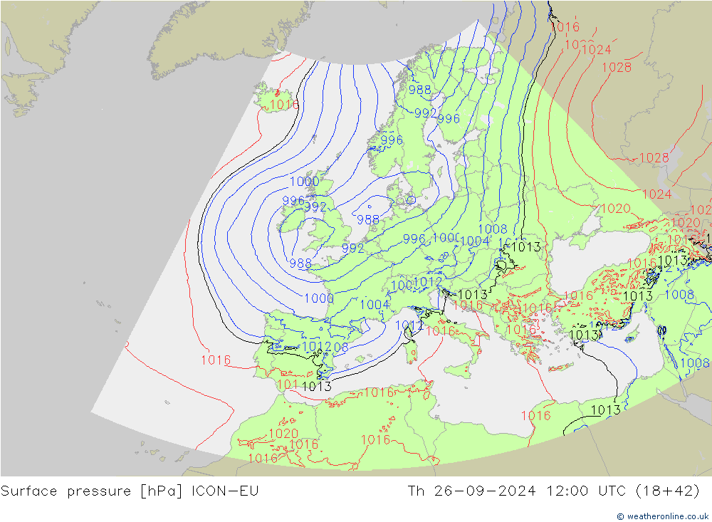 Surface pressure ICON-EU Th 26.09.2024 12 UTC