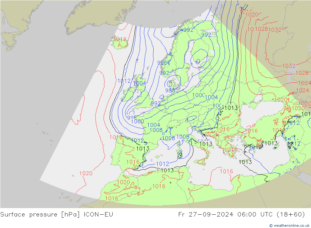 pressão do solo ICON-EU Sex 27.09.2024 06 UTC