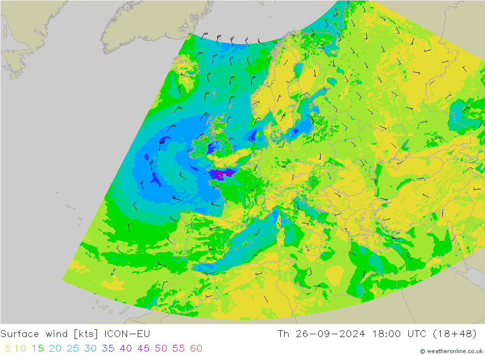 Vent 10 m ICON-EU jeu 26.09.2024 18 UTC