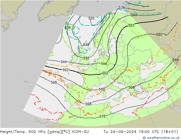 Height/Temp. 500 hPa ICON-EU Út 24.09.2024 19 UTC