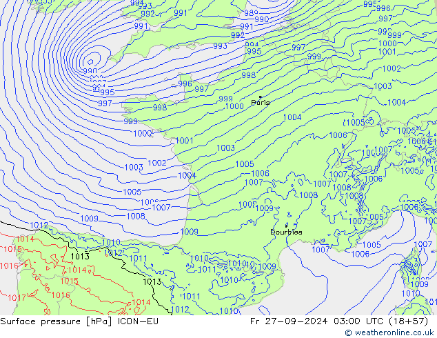 Surface pressure ICON-EU Fr 27.09.2024 03 UTC