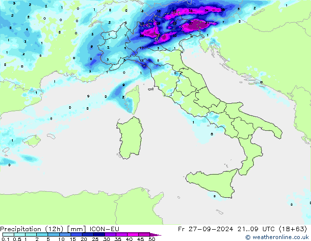 Precipitation (12h) ICON-EU Pá 27.09.2024 09 UTC