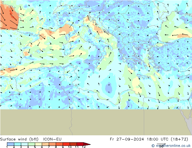 Surface wind (bft) ICON-EU Fr 27.09.2024 18 UTC