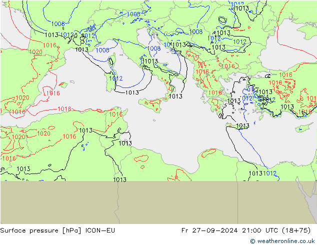 Luchtdruk (Grond) ICON-EU vr 27.09.2024 21 UTC