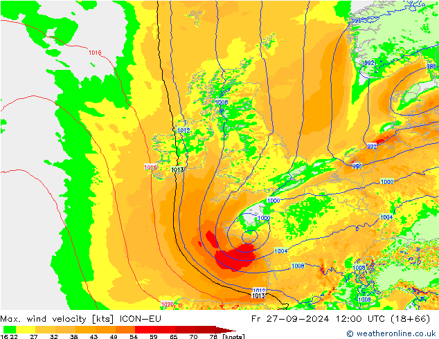 Max. wind velocity ICON-EU Fr 27.09.2024 12 UTC