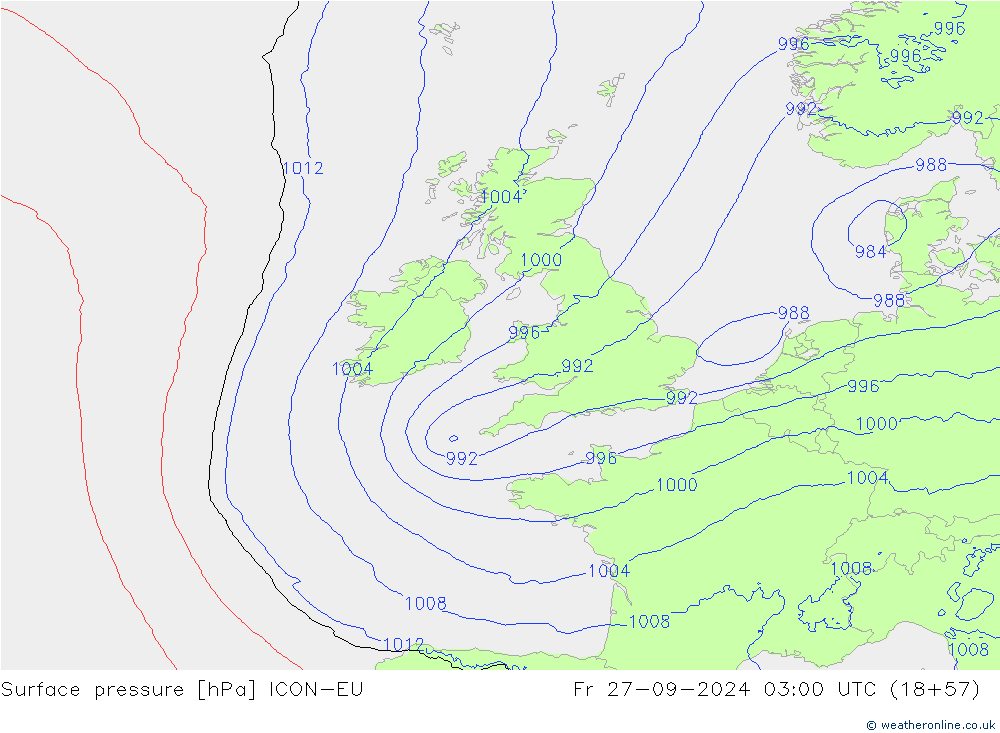 Surface pressure ICON-EU Fr 27.09.2024 03 UTC