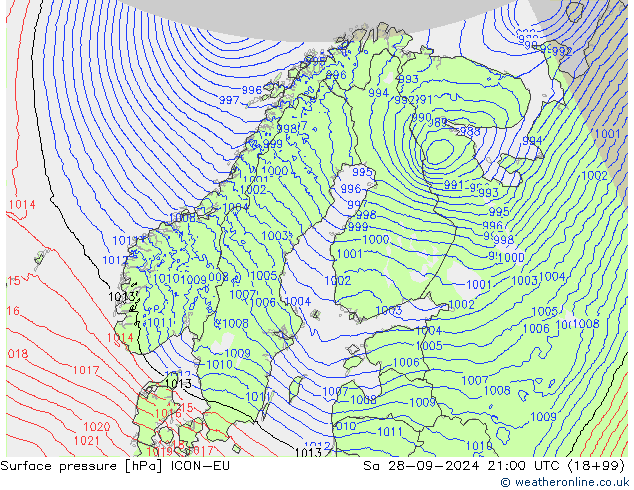 Surface pressure ICON-EU Sa 28.09.2024 21 UTC