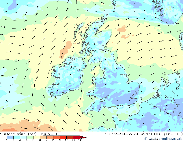 Surface wind (bft) ICON-EU Su 29.09.2024 09 UTC