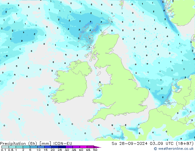 Precipitation (6h) ICON-EU Sa 28.09.2024 09 UTC