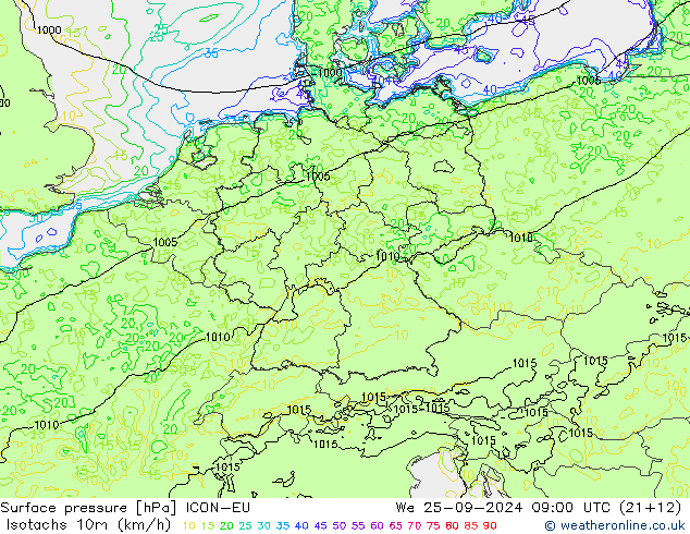 Isotachs (kph) ICON-EU We 25.09.2024 09 UTC