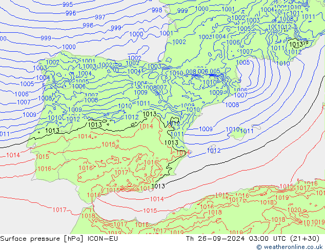 Surface pressure ICON-EU Th 26.09.2024 03 UTC