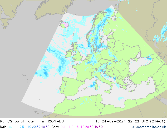 Rain/Snowfall rate ICON-EU Tu 24.09.2024 22 UTC