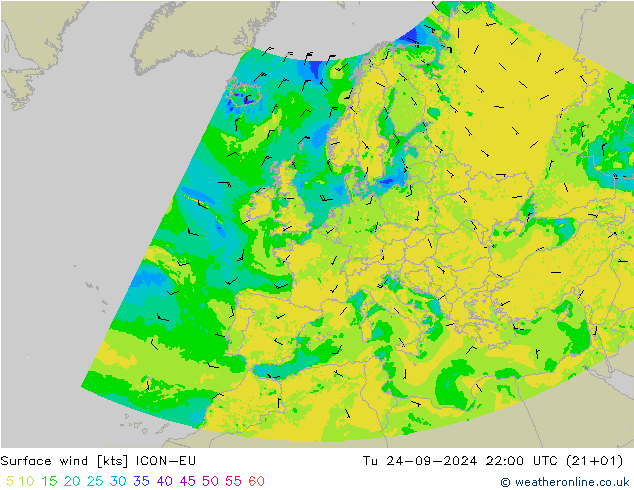 Vento 10 m ICON-EU Ter 24.09.2024 22 UTC