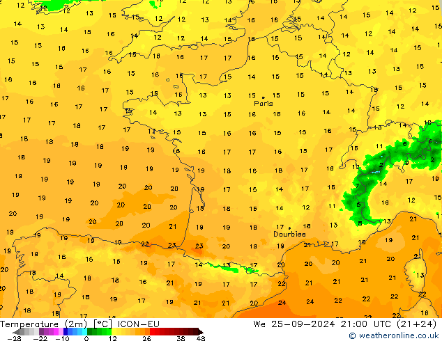 Temperatura (2m) ICON-EU mer 25.09.2024 21 UTC