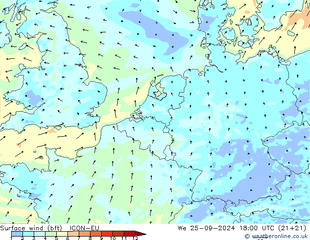 Surface wind (bft) ICON-EU We 25.09.2024 18 UTC