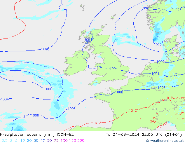 Toplam Yağış ICON-EU Sa 24.09.2024 22 UTC