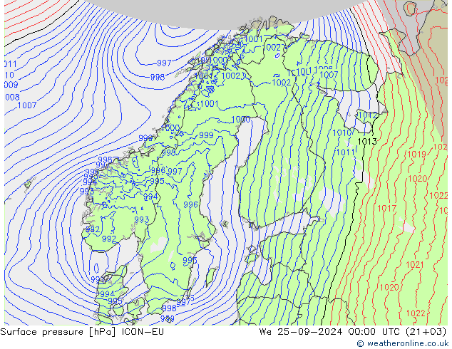 Atmosférický tlak ICON-EU St 25.09.2024 00 UTC