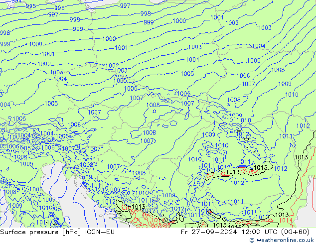 Surface pressure ICON-EU Fr 27.09.2024 12 UTC