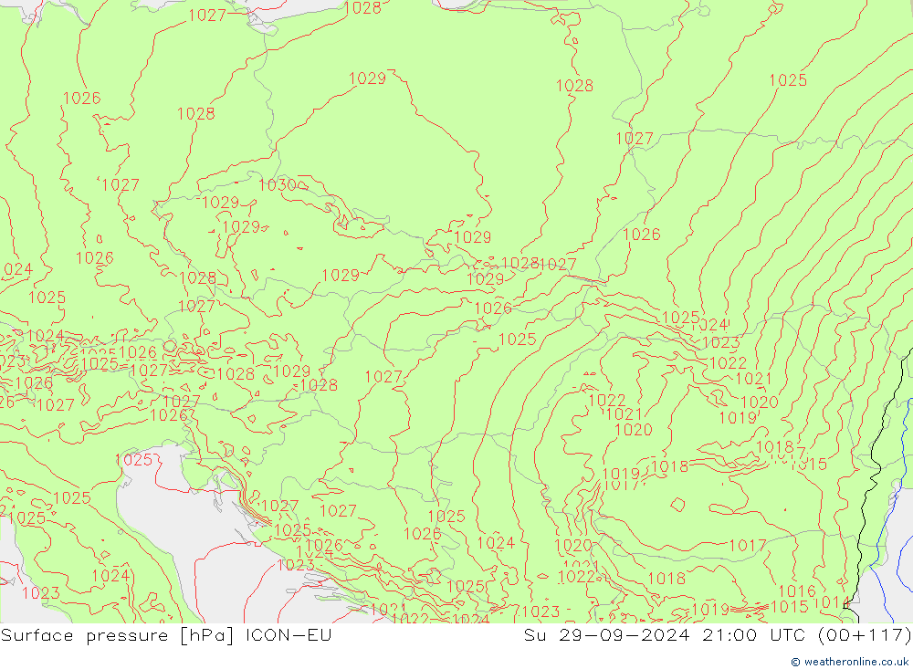 Surface pressure ICON-EU Su 29.09.2024 21 UTC