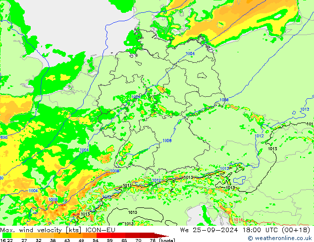 Max. wind velocity ICON-EU mié 25.09.2024 18 UTC