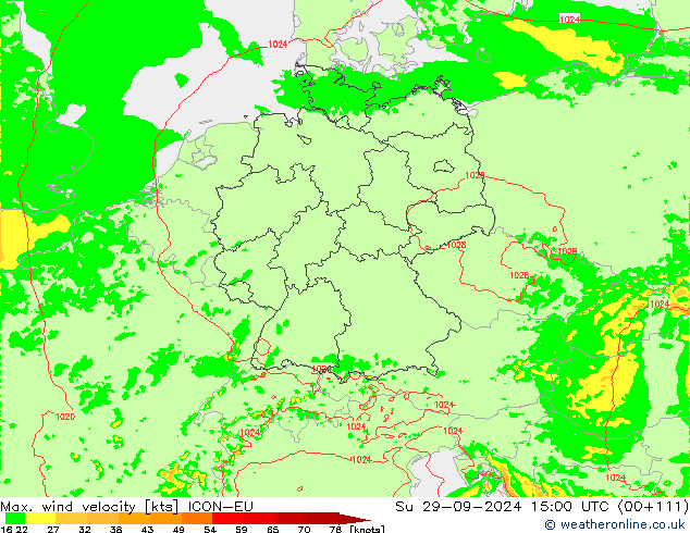 Max. wind velocity ICON-EU Dom 29.09.2024 15 UTC