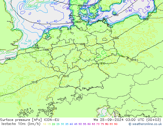 Isotachen (km/h) ICON-EU Mi 25.09.2024 03 UTC