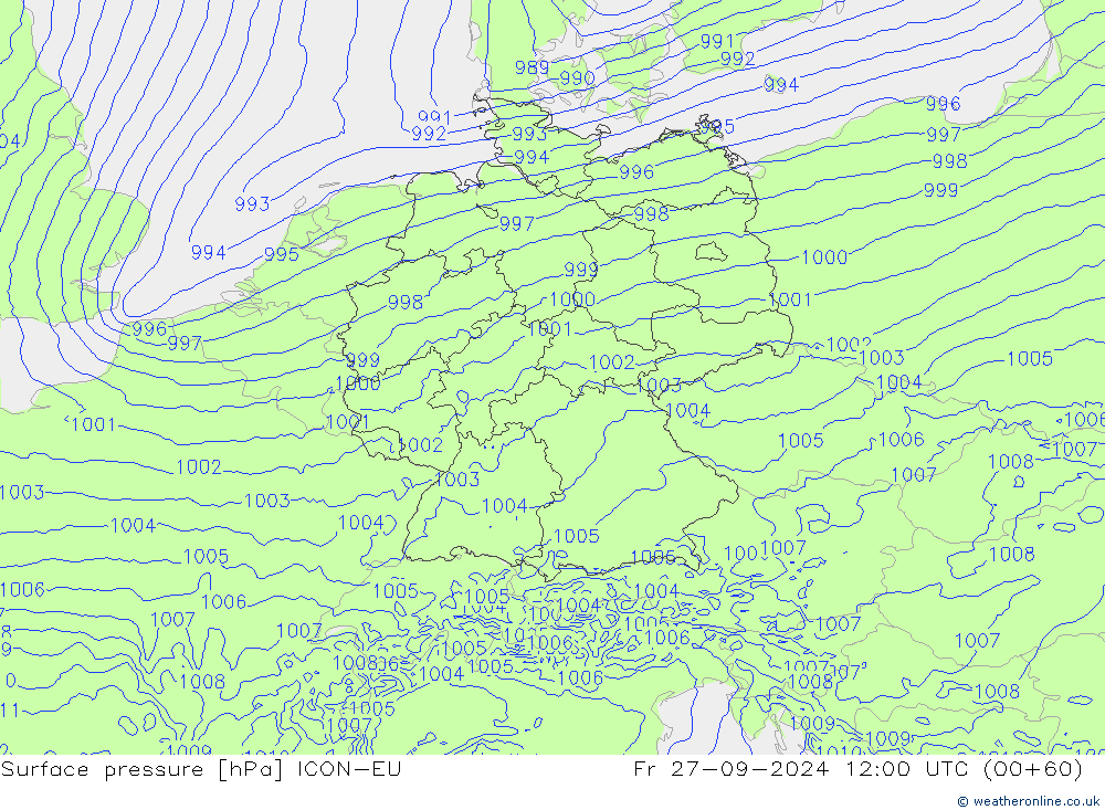 Surface pressure ICON-EU Fr 27.09.2024 12 UTC