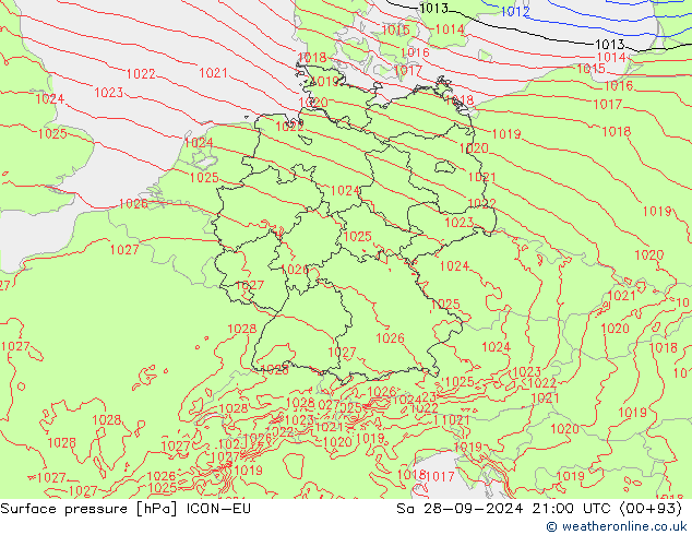 Surface pressure ICON-EU Sa 28.09.2024 21 UTC