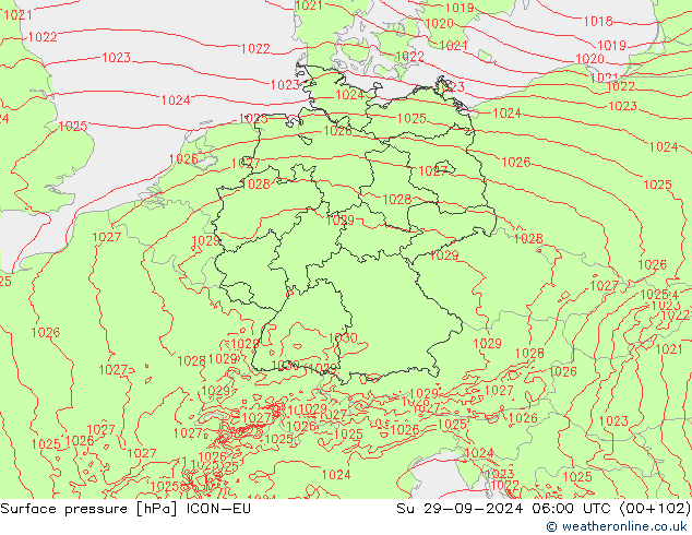 Surface pressure ICON-EU Su 29.09.2024 06 UTC