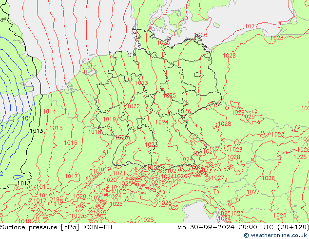 Luchtdruk (Grond) ICON-EU ma 30.09.2024 00 UTC