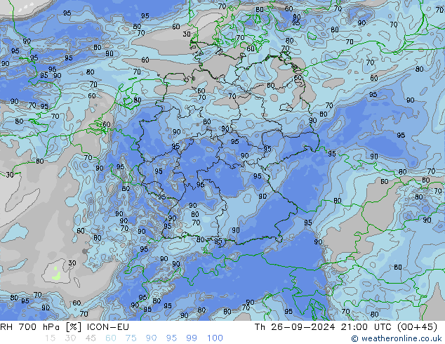 RH 700 hPa ICON-EU czw. 26.09.2024 21 UTC