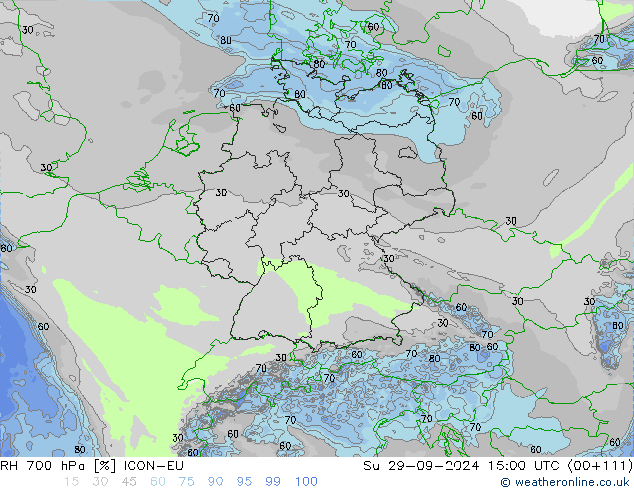 RH 700 hPa ICON-EU nie. 29.09.2024 15 UTC