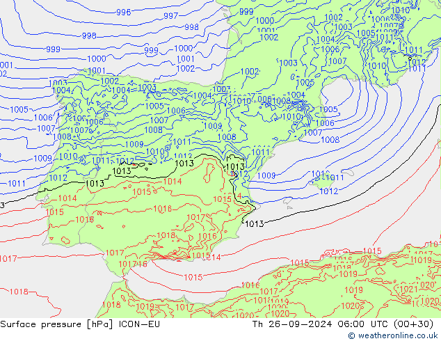 Presión superficial ICON-EU jue 26.09.2024 06 UTC