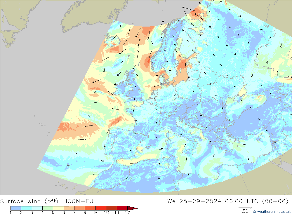 Viento 10 m (bft) ICON-EU mié 25.09.2024 06 UTC