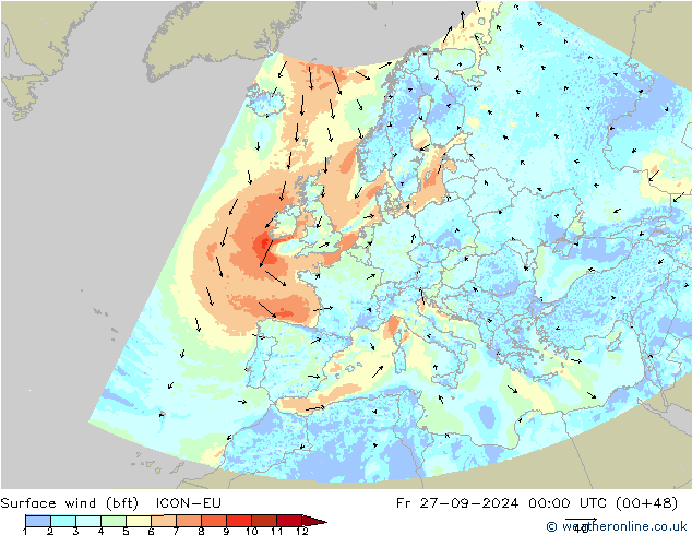 Surface wind (bft) ICON-EU Fr 27.09.2024 00 UTC