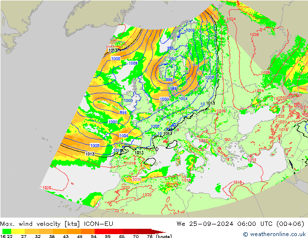 Max. wind velocity ICON-EU We 25.09.2024 06 UTC