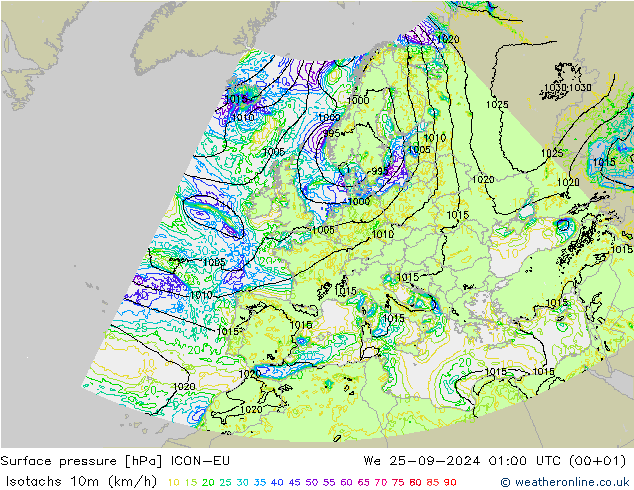 Isotachs (kph) ICON-EU mer 25.09.2024 01 UTC