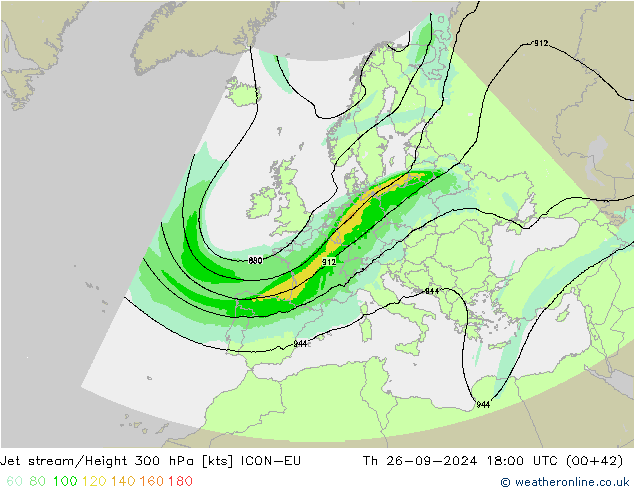 Jet stream/Height 300 hPa ICON-EU Th 26.09.2024 18 UTC