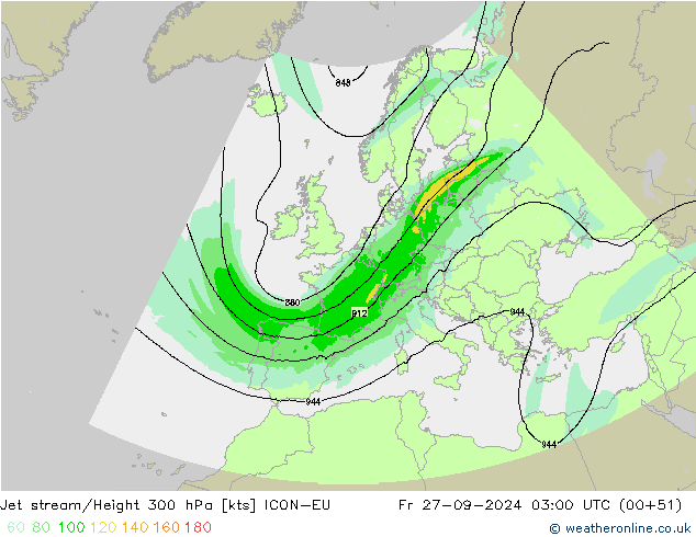 Jet stream/Height 300 hPa ICON-EU Fr 27.09.2024 03 UTC