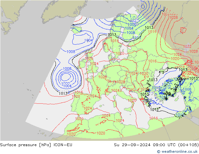 pressão do solo ICON-EU Dom 29.09.2024 09 UTC