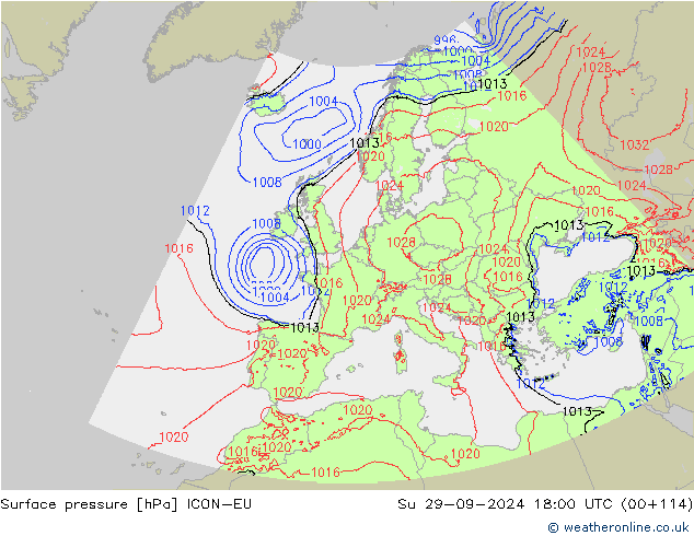 Surface pressure ICON-EU Su 29.09.2024 18 UTC