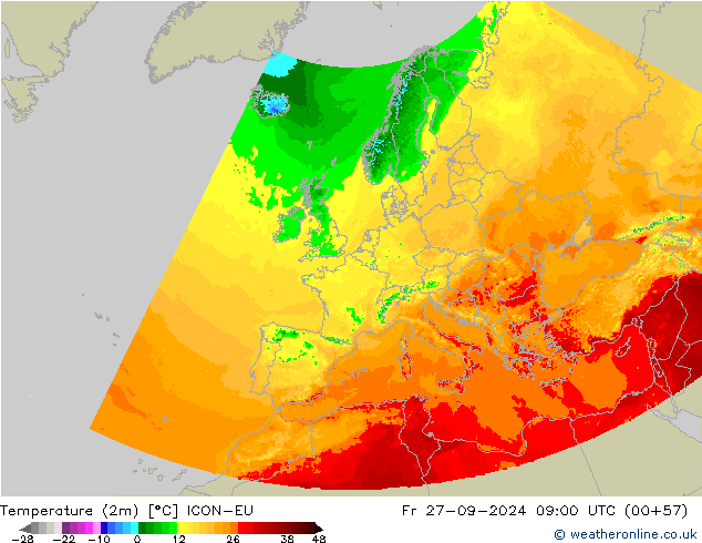 Temperatuurkaart (2m) ICON-EU vr 27.09.2024 09 UTC