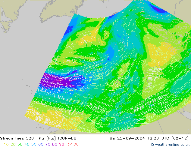 Linia prądu 500 hPa ICON-EU śro. 25.09.2024 12 UTC